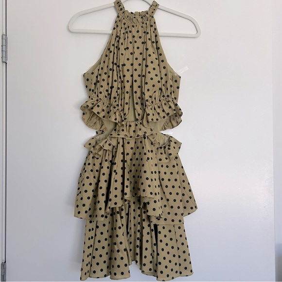 NWOT Mon Renn olive polka dot Roselyn ruffle mini dress - Picture 3 of 5